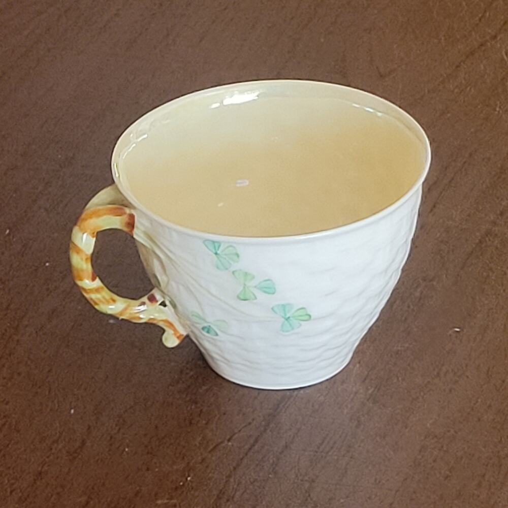Vintage Belleek Shamrock Basketweave Porcelain Teacup 6th Green Mark Ireland 2.5